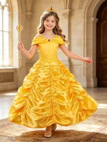 Young Girl Yellow Pleated Detail Princess Formal Dress - Multicolor - View 2