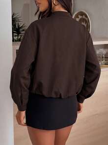 Jaket Aviator Wanita Warna Cokelat Tua Pendek dengan Resleting, Lengan Panjang, Kerah Baseball, Tahan Angin, Cocok untuk Dipakai di Musim Gugur - Coffee Brown - View 4