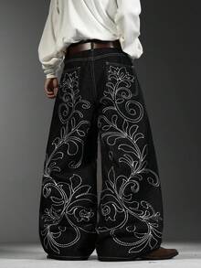 Men's Japanese‑Style Jeans, Simple Embroidery On Front & Back, Baggy Wide‑Leg Trousers, Loose Daily Wear Pants For All Seasons (No Belt & Accessories) - Black - View 6