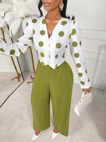 Women's Casual Elegant Polka Dot 2 Pieces Set, Including Cardigan Collar Shirt And Wide Leg Pants, Suitable For Autumn - Green - View 6
