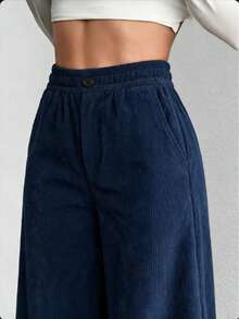 Celana Panjang Wanita Bahan Polyester Model Lebar dengan Kantong, Celana Panjang Model Flare Bahan Corduroy, Cocok untuk Dipakai di Musim Gugur - Navy Blue - View 3