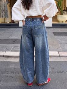 Women's Casual Wide Leg Jeans, Drawstring Waist With Pockets, Loose Fit Long Vintage Style Pants - Medium - View 4