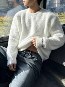 Autumn/Winter New Unisex American Street Style Casual Versatile Solid Color Minimalist Pullover Knit Sweater - White - View 2