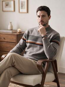 Men's Thick Round Neck Sweater, Business Casual Jacquard Knit Long Sleeve Top, Versatile Layering Piece, Plaid & Striped Pattern, Autumn/Winter - Light Grey - View 3