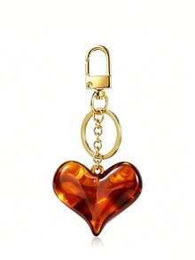 Vintage Amber Tortoise Shell Pattern Resin Heart-Shaped Keychain, Marial Brown Beaded Bag Charm - Multicolor - View 5