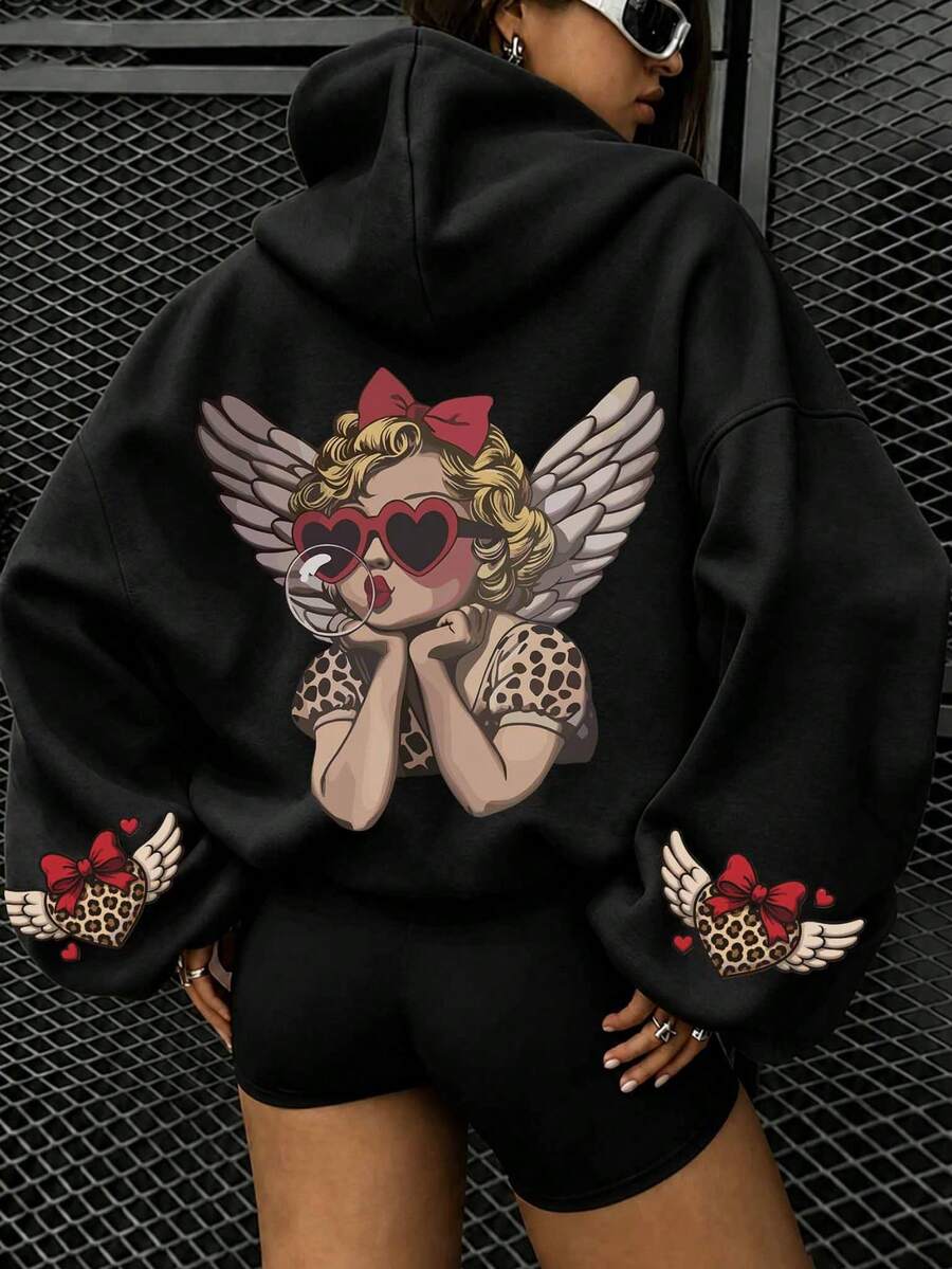 Cupid Leopard Print Heart Love Always With You Fun Graphic Women's Solid Color Sweatshirt With Drawstring Pocket, Women's Sweatshirt, Back To School Outfit, Birthday Jacket, Outing Top, Country Music Concert, Cowgirl Style, Y2K, Bohemian, Vintage, Elegant, Cute, Luxury, Casual, Suitable For Office Commute, Daily Holiday, Birthday Party, Vacation Travel, Back To School/Graduation Season, Street Sports - Black - View 1
