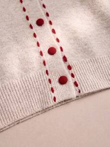 Women's Round Neck Red Button Knit Cardigan Sweater, Winter Christmas New Year Vintage Colorblock Long Sleeve Top, Suitable For Autumn - Apricot - View 9