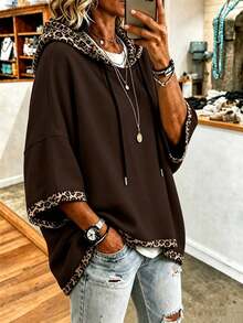 Plus Size Women's Brown Leopard Print Patchwork Hoodie Pullover, Leopard Print 3/4 Sleeve, Regular Length, Autumn Essential - Brown - View 3