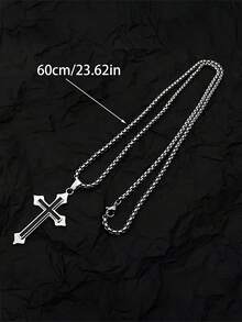 1pc Men's 304 Stainless Steel Black Enamel Cross Pendant Necklace, Gothic Punk Street Style Chain, Religious Style Daily Wear And Party Decoration Body Jewelry - Silver - View 7