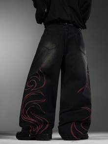 Men's Art‑Inspired Jeans, Premium Textured Embroidery Design, Loose Wide‑Leg Comfort Casual All‑Season Pants (Belt & Accessories Not Included) - Black - View 5