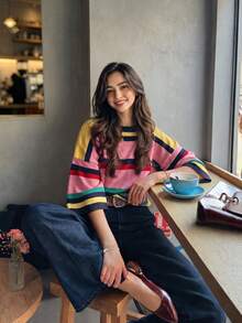 Women's New Autumn Colorblock Striped Knit Top, Casual Daily Commute, Preppy Style - Yellow and Pink - View 2