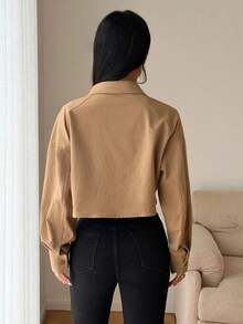 Jaket Kargo Pendek Gaya Jalanan Wanita, Kerah Longgar, Kancing Depan, Saku, Mantel untuk Jalan-jalan di Kota, Akhir Pekan, Tampilan Kasual - Unta - View 3