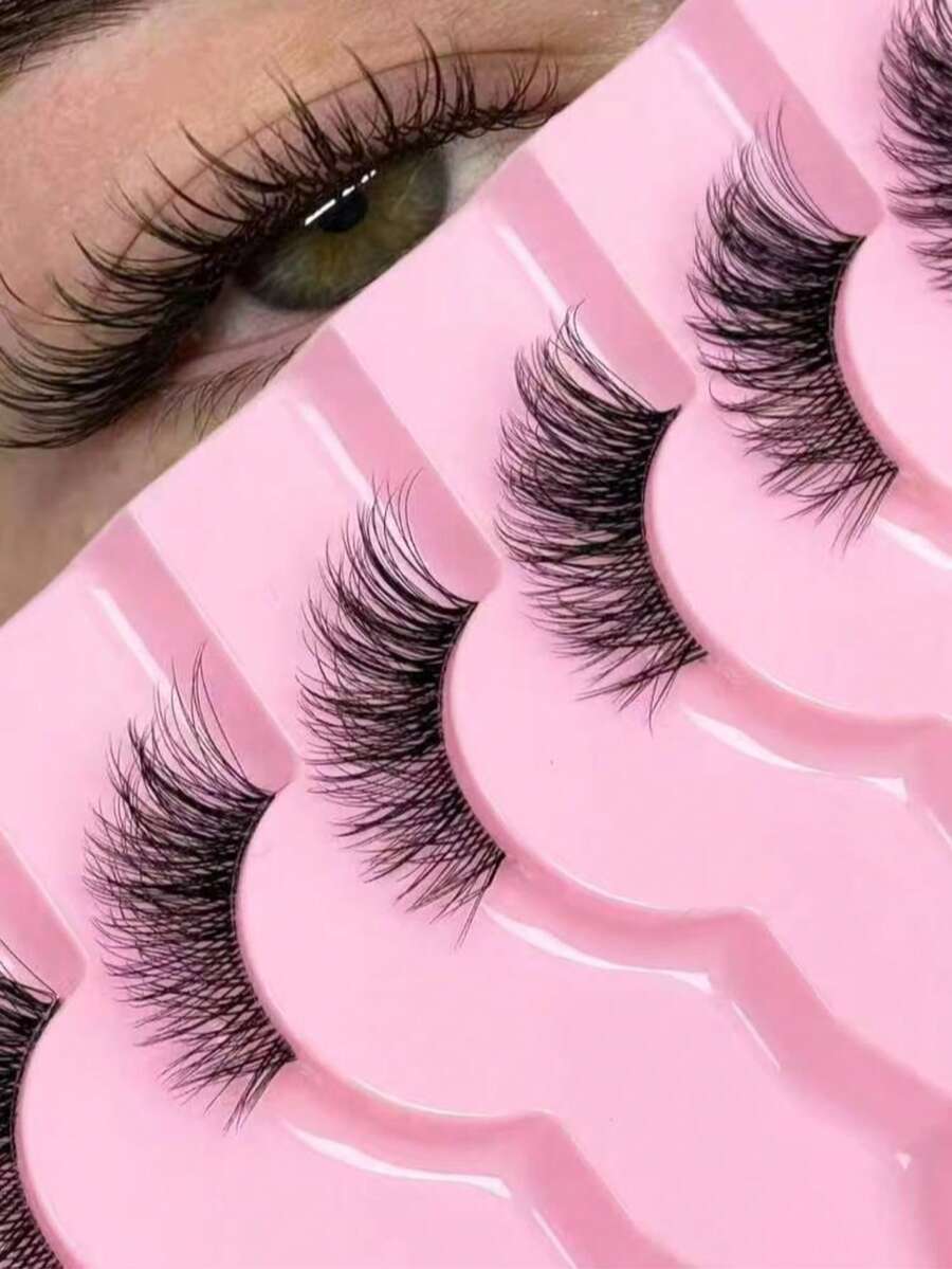 7 Pairs Of Half False Eyelashes, Clear Band, Cat Eye Style, Long And Natural, Light And Airy, Mink-Like Material, Fluffy And Soft, Creates A Natural Look, Suitable For Daily Wear, Parties, Valentine's Day Makeup. - Black - View 1