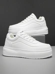 Men's Pure White Thick Sole White Sneakers, Minimalist Solid Color Multi-Layer Sole Design, Versatile Casual Shoes For Daily Commute And Streetwear - White - View 2