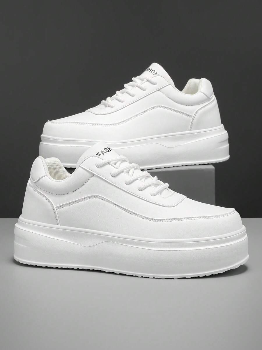 Men's Pure White Thick Sole White Sneakers, Minimalist Solid Color Multi-Layer Sole Design, Versatile Casual Shoes For Daily Commute And Streetwear