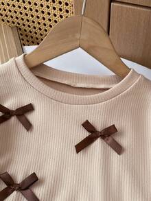 Girls 2-Piece Set Autumn New Fashion Bow Puff Long Sleeve Solid Color Top And Wide Leg Pants Outfit Children's Clothing - Khaki - View 3