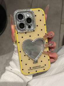 1件韓式波點愛心化妝鏡手機殼附支架，防震保護，適用於 iPhone 17Pro Max 17Pro 17 16Pro Max 16Pro 16 15 14 13 12 Pro Max 11 智慧型手機，女孩/女性理想禮物，生日/母親節 - 黃色 - 查看 2