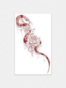 1pc Temporary Tattoo Sticker, Red Line Art Snake & Roses Pattern, Realistic Tattoo Design, Suitable For Daily Wear, Bachelorette Party Favors, Music Festivals, Games, Graduation Gifts, Lasts 3-5 Days - Red - View 3