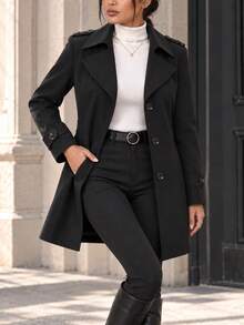 AODSR Women's Black Trench Coat, Slim Fit, Notched Lapel, Single Breasted Button Front, Long Sleeve Mid Length Coat With Pockets - Black - View 1