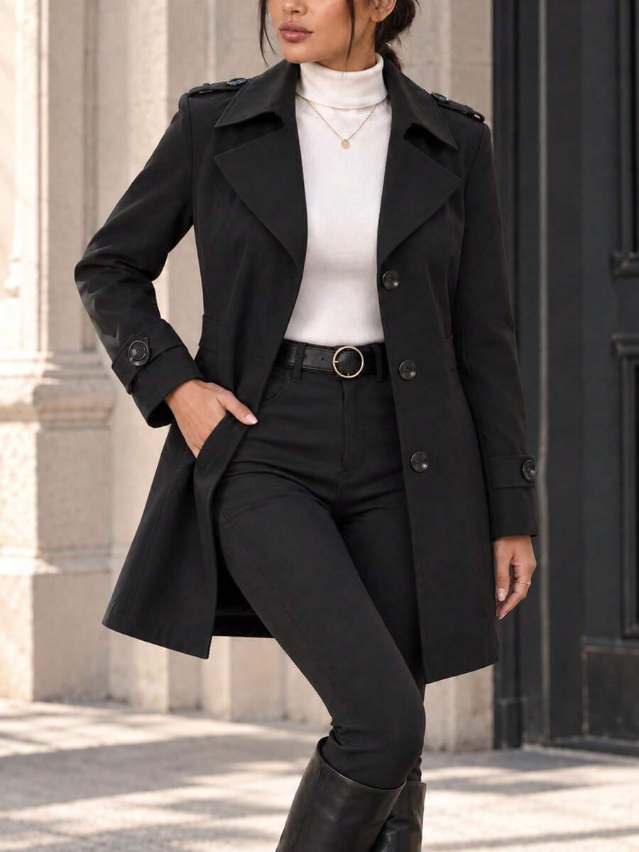 AODSR Women's Black Trench Coat, Slim Fit, Notched Lapel, Single Breasted Button Front, Long Sleeve Mid Length Coat With Pockets - Black - View 1
