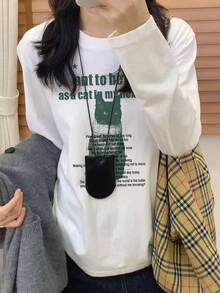 Niche Personalized Cat English Quote Print Long Sleeve T-Shirt, Minimalist All-Match White Stretch Slim Fit Versatile Autumn Base Layer - White - View 1