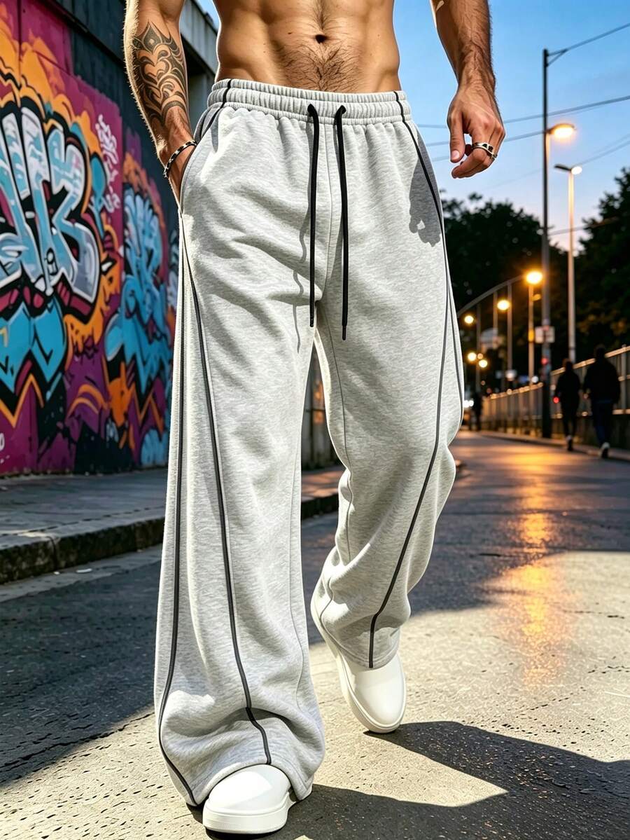 Relaxed Fit All-Day Men's Wide Leg Sweatpants With Side Contrast Stripe Design, Adjustable Drawstring Waist, Large Pockets, Light Exercise Sports - Light Grey - View 1