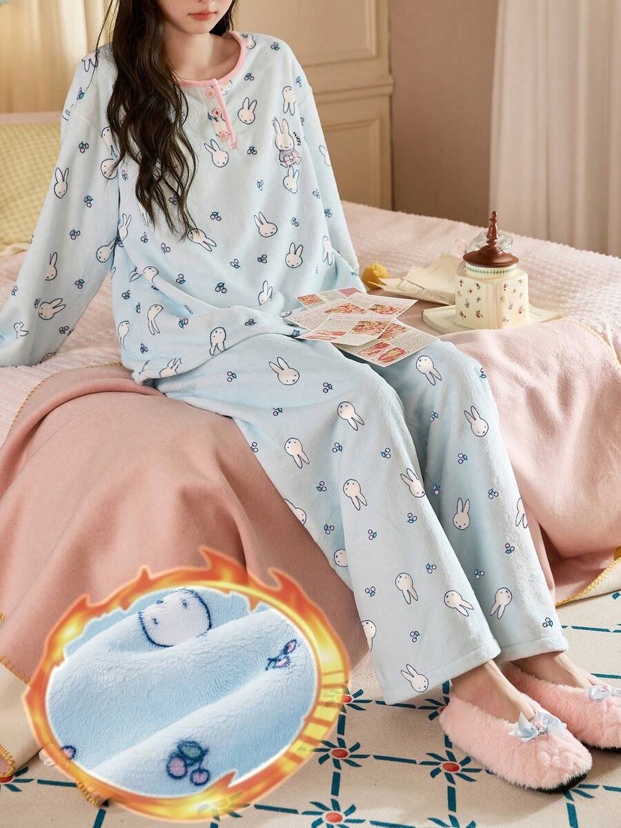 Gongdie 2 Pieces Miffy Flannel Pajamas For Women,Winter Blue Thick Plush Loungewear With Contrast Trim And Pocket - Baby Blue - View 1