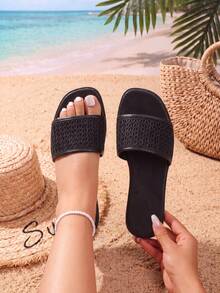 Women's Wavy Pattern Open Toe Slip-On Sandals Anti-Slip Flat Casual Slides - Black - View 2