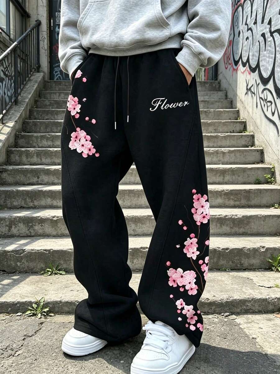 Men's Casual Loose Straight Leg Fashion Sports Long Pants, Spring/Autumn - Black - View 1