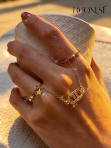1 Pair Gold-Tone Stainless Steel Letter D Zirconia Linked Finger Rings - Yellow Gold - View 9