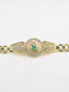 1pc Luxury Religious Style Alloy Gold-Plated Full Rhinestone Round Saint Jude Portrait Cross Chain Bracelet, Unisex Birthday Party Accessory, Christmas, Halloween - Gold - View 3
