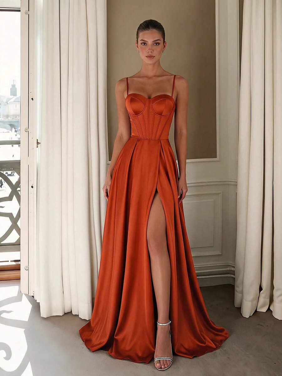 ADYCE Elegant High Waist Boning High Slit Lace-Up Back A-Line Floor Length Evening Gown Party Dress - Orange - View 1