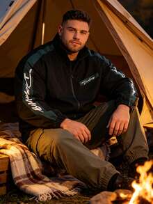 American Style Patchwork Stand Collar Loose Fit Sports Jacket For Men, Spring/Autumn Outdoor Loose Fit Windbreaker Casual Versatile Brand Top. Suitable For Hiking, Trekking, Gift Giving. - Black - View 2