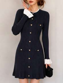Women's Elegant Commute Contrast Cuff Front Button Slim Fit Knit Dress - Black - View 1