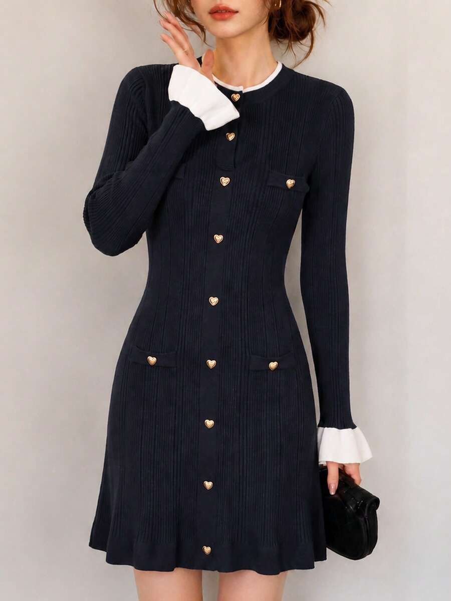 Women's Elegant Commute Contrast Cuff Front Button Slim Fit Knit Dress - Black - View 1