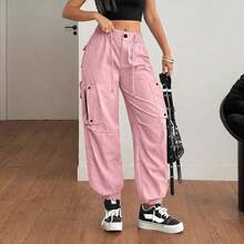 Y2K Elastic Waist Drawstring Flap Pocket Zipper Detail Metal Button Split Hem Cargo Jogger Pants, Y2K Music Festival Pink Spring - Pink - View 6
