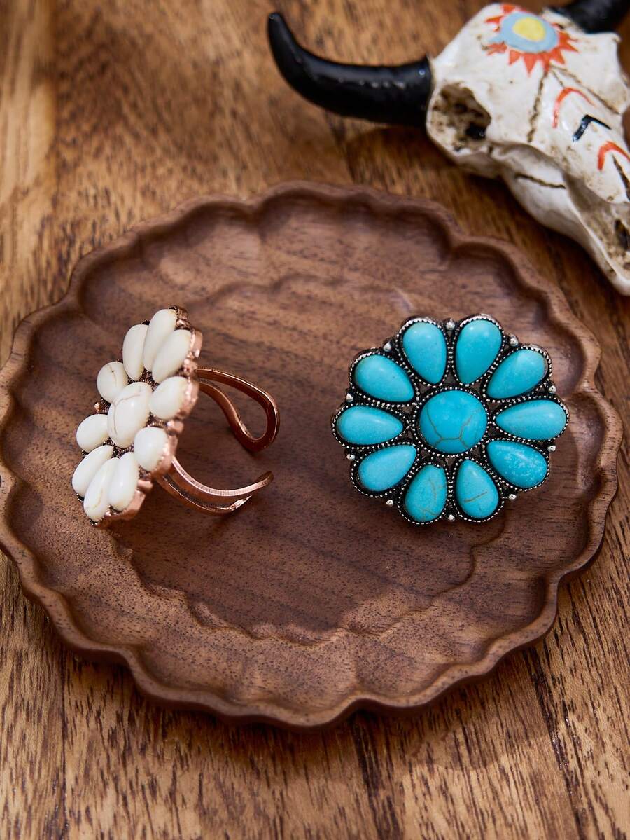 luodee Western Vintage Exaggerated Flower Open Adjustable Ring, Copper Band, Turquoise And White Turquoise Colors Available, Bohemian, Fashion Accessory For Cowgirls, Women's Gift - Multicolor - View 1