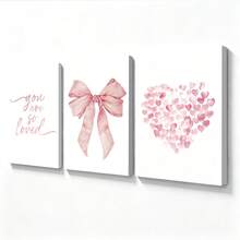 Set Poster Seni Dinding Modern 3 Bagian, Dekorasi Ruangan, Set Dekorasi Rumah, Seni Kanvas Abstrak, Cocok Untuk Kamar Tidur Dan Ruang Tamu - Pola Kupu-kupu, "Kamu Sangat Dicintai", Pola Hati, Pita Merah Muda, Gaya Minimalis, Latar Belakang Putih, Gaya Seni Modern, - 3 buah - View 2