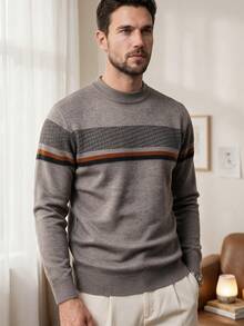 Men's Thick Round Neck Sweater, Business Casual Jacquard Knit Long Sleeve Top, Versatile Layering Piece, Plaid & Striped Pattern, Autumn/Winter - Light Grey - View 4