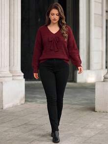 Women's Plus Size Long Sleeve Bow V-Neck Pullover Casual Slouchy Autumn/Winter - Burgundy - View 3