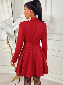 Elegant Red Blazer Dress For Women, V-Neck Long Sleeve Belted A-Line Short Dress, Perfect For Fall & Winter Outings - Red - View 2