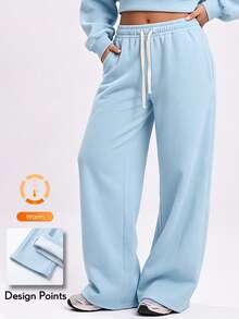 KyrLssu Women's Wide Leg Sweatpants, Elastic Waist Drawstring Casual Long Pants With Pockets - Blue - View 1