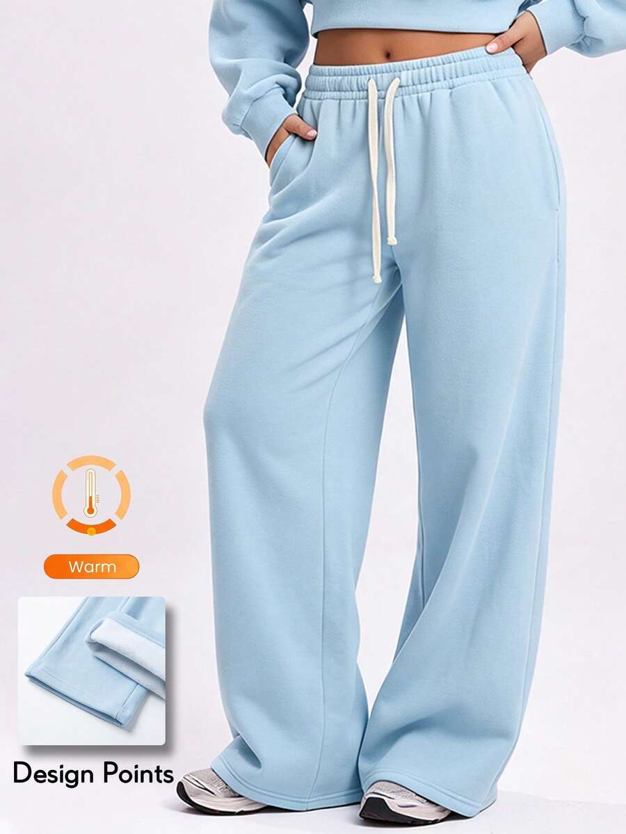 KyrLssu Women's Wide Leg Sweatpants, Elastic Waist Drawstring Casual Long Pants With Pockets - Blue - View 1
