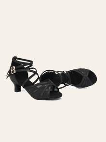 Sepatu Dansa Latin Wanita dengan Gesper Ganda dan Tali Pergelangan Kaki Ganda serta Bagian Atas Jala - Hitam - View 5