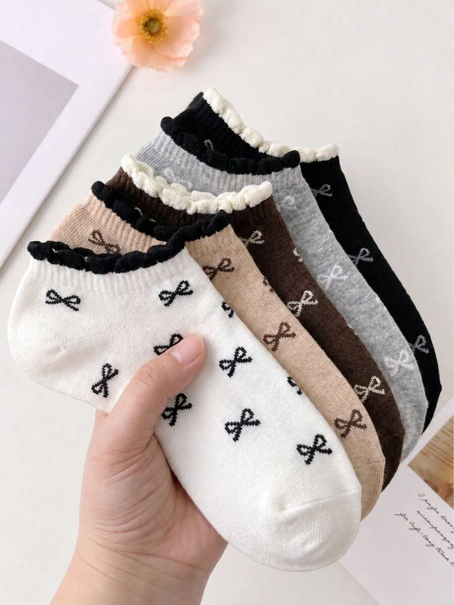 5 Pairs Women's Multi-Color Floral Campus Style Invisible Short Socks, Suitable For Daily Wear, Work And Casual - Multicolor - View 1