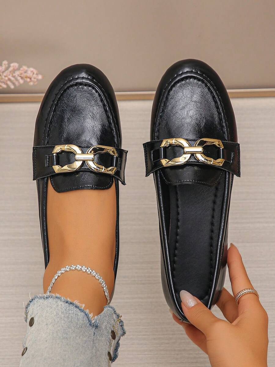 2026 New Gold Buckle Elegant Slip-On Loafers Lightweight Comfortable Versatile Rubber Flat Shoes Black - Black - View 1