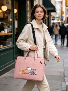 Laptop Bag, Compact Shoulder Bag With Accessory Compartments, Cat Print Design, Equipped With Detachable And Adjustable Shoulder Strap, Data Cable Storage, Fits In Suitcase, Laptop Protective Case, Briefcase, Document Storage Bag, Portable Commuter Bag, Suitable For Laptop And Tablet, Travel, Commute, Back To School, Halloween, Christmas Gift - Multicolor - View 3