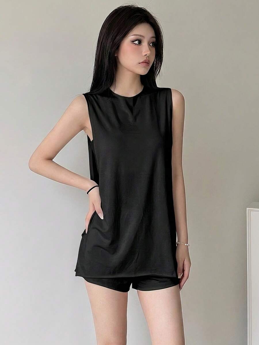 Women's Comfortable Mid-Stretch Tank Top And Shorts Set, Casual Outfit Choice - Black - View 1