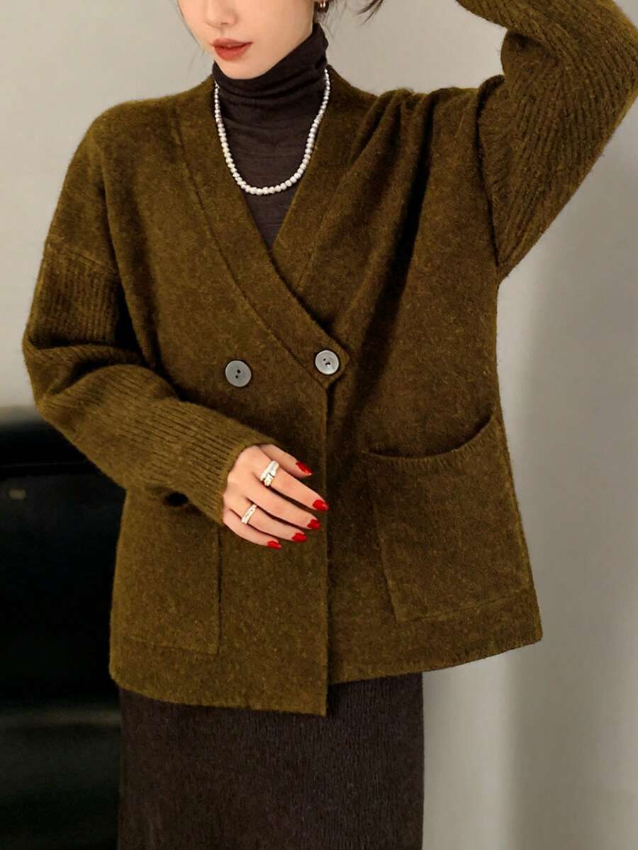 大码女式休闲圆领纽扣开衫