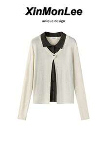 Autumn Contrast Color Lapel 2 In 1 Knit Cardigan, Design-Driven Short Style, Elegant Inner Layer Or Outer Wear For Travel, Casual And Vacation - Apricot - View 1